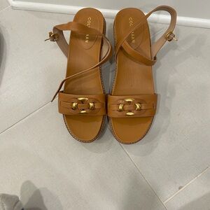 Cole Haan Tan Leather Slingback Sandals with Gold Chain Accent